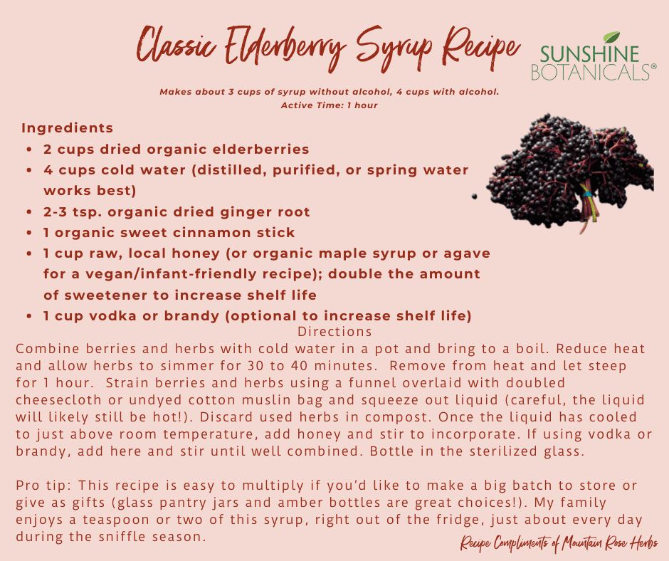 Classic Elderberry Syrup Recipe Makes about 3 cups of syrup without alcohol, 4 cups with alcohol. Active Time: 1 hour  Ingredients 