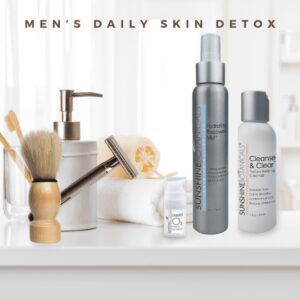 Men’s Daily Skin Detox Deep detoxification and maximum edge defense all in one simple, effective system! Perfect for oily, congested skin with large pores or sun damage. Great to help with ingrown hairs and razor bumps. Combo Includes: *Cleanse & Clear 4oz *Rapid Repair Fluid 1.69oz *Liquid O2 Extreme Eye Repair Travel