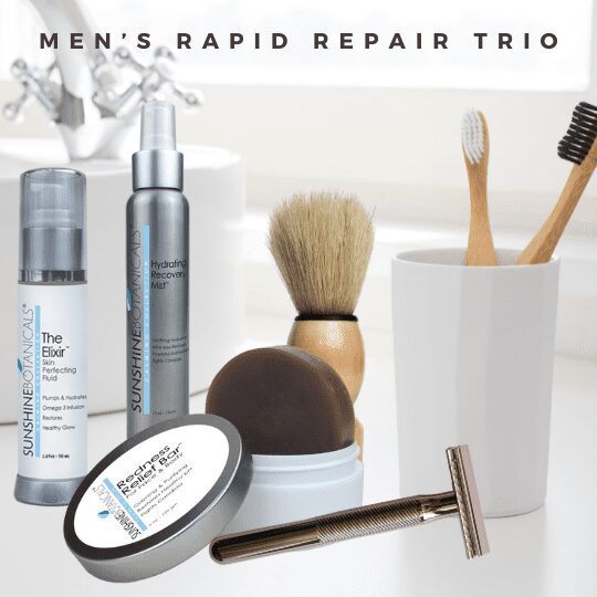 Men’s Rapid Repair Trio Sensitivity, redness, rosacea, and fungal conditions of the skin are no match for this great cleansing hydrating and skin healing trio. Incredible for the face, neck, and eye area, but he’s also powerful for anywhere on the body where itching, redness, and inflammation can occur. Combo Includes: *Redness Relief Bar 4oz *The Elixir 1.69oz *Hydrating Recovery Mist 4oz
